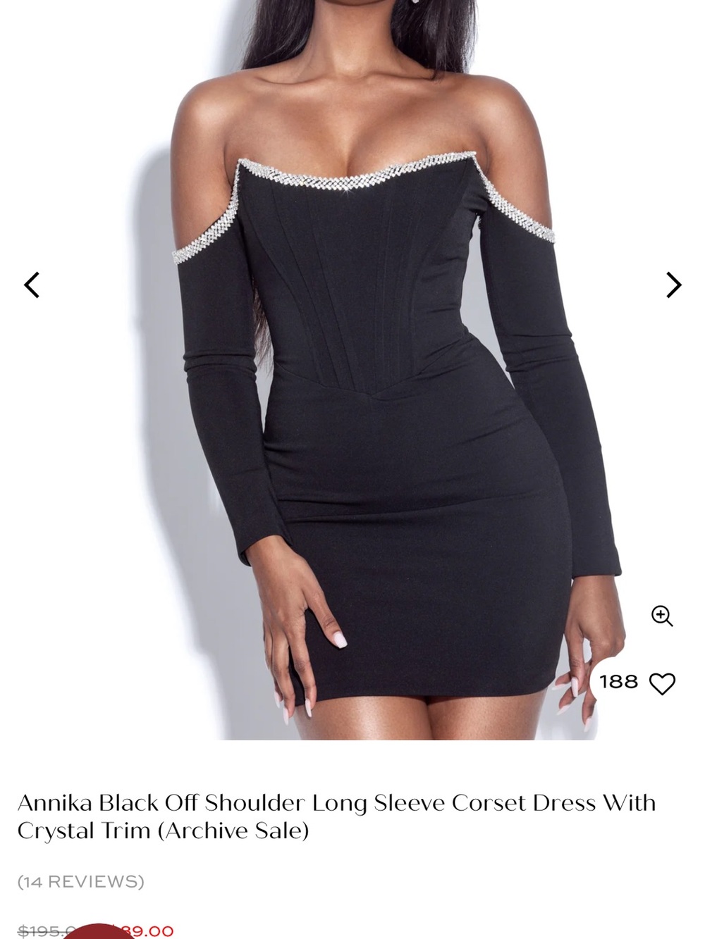 Annika Black Off-Shoulder Long Sleeve Corset Dress with Crystal Trim